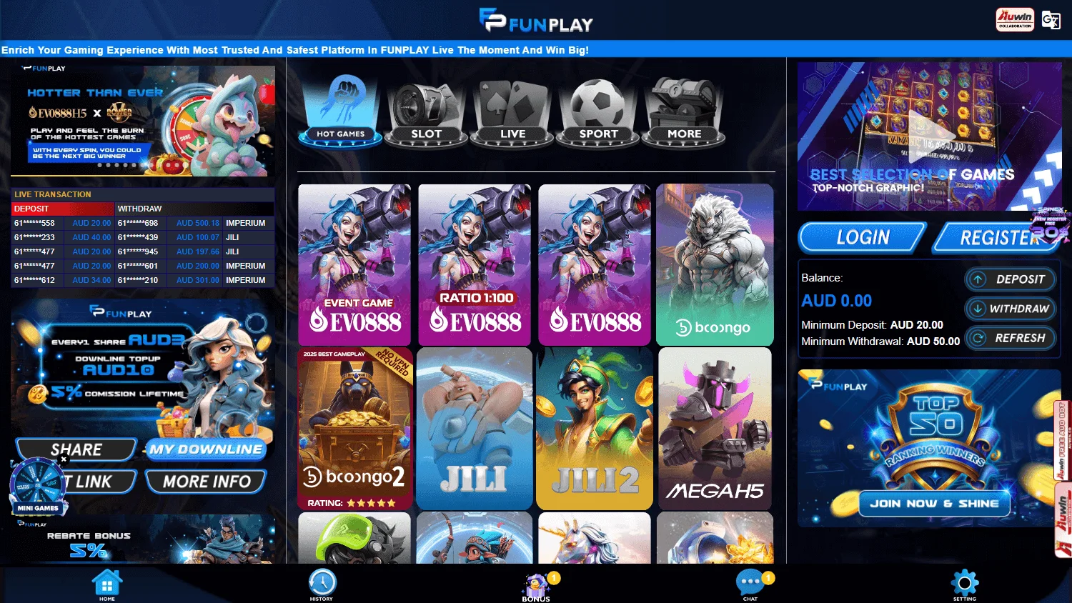 Funplay Casino desktop home view with AUD casino offer and online games