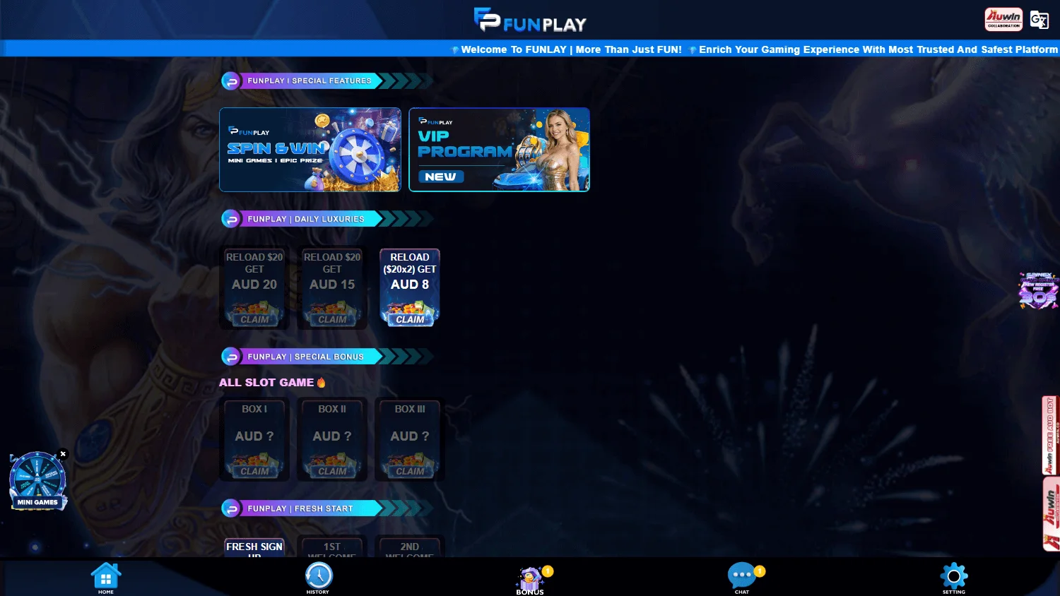 Funplay Casino desktop promotions view with the $20 no deposit bonus
